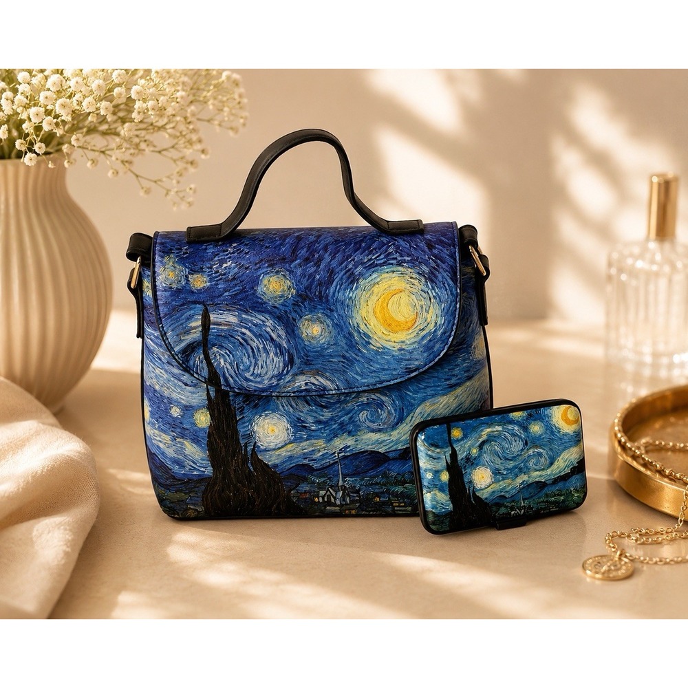 Cosmic Aura Starry Night Van Gogh Crossbody Bag Card Holder 2 Pc Set